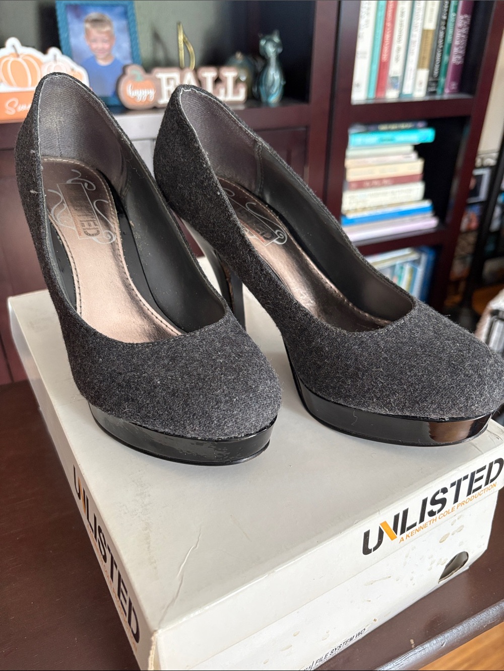 Unlisted Charcoal Gray Felt Platform Pumps with Patent Trim